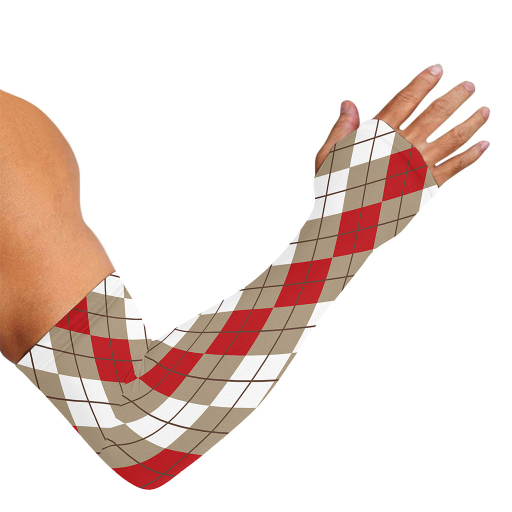 Red Beige And White Argyle Pattern Print Sun Protection Arm Sleeves