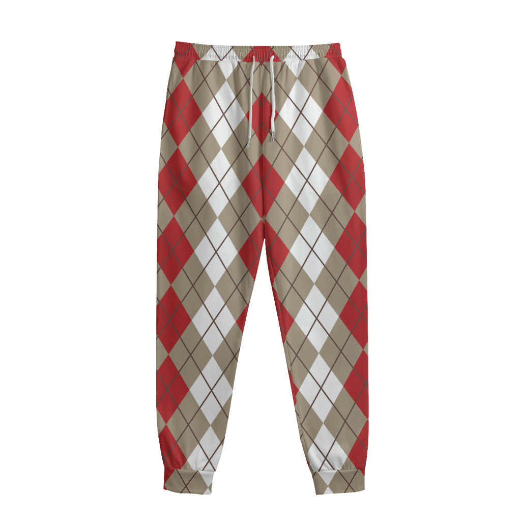 Red Beige And White Argyle Pattern Print Sweatpants