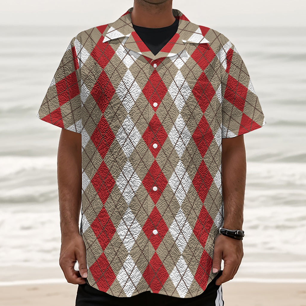 Red Beige And White Argyle Pattern Print Textured Short Sleeve Shirt