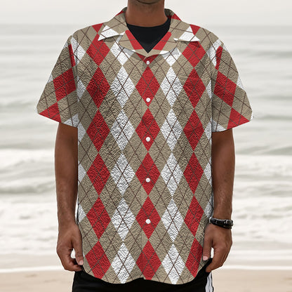 Red Beige And White Argyle Pattern Print Textured Short Sleeve Shirt