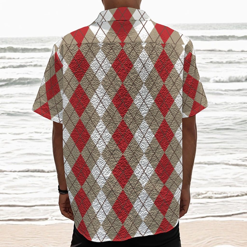 Red Beige And White Argyle Pattern Print Textured Short Sleeve Shirt
