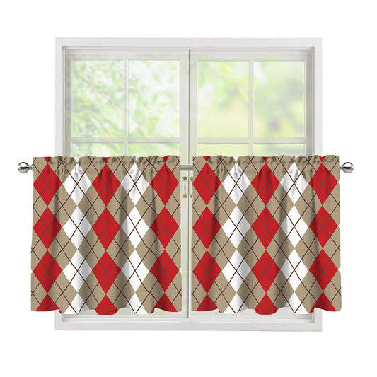 Red Beige And White Argyle Pattern Print Tier Curtains