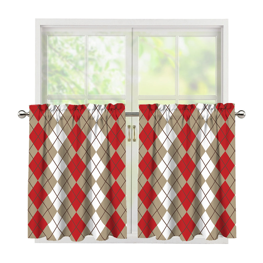 Red Beige And White Argyle Pattern Print Tier Curtains