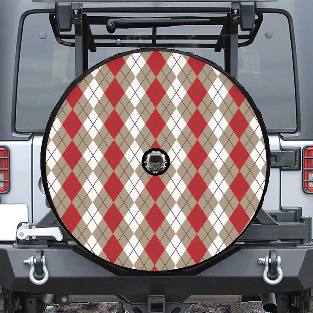 Red Beige And White Argyle Pattern Print Tire Cover With Camera Hole