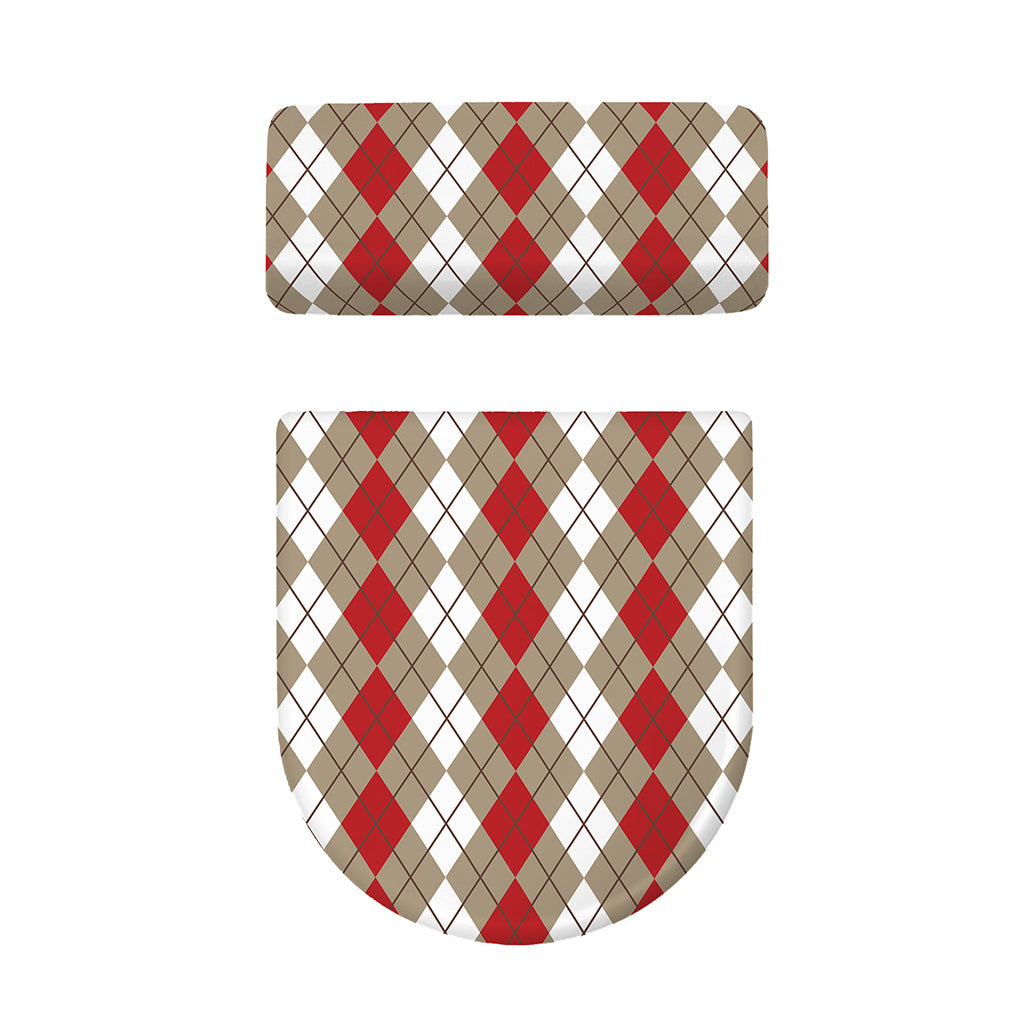 Red Beige And White Argyle Pattern Print Toilet Lid And Tank Cover Set