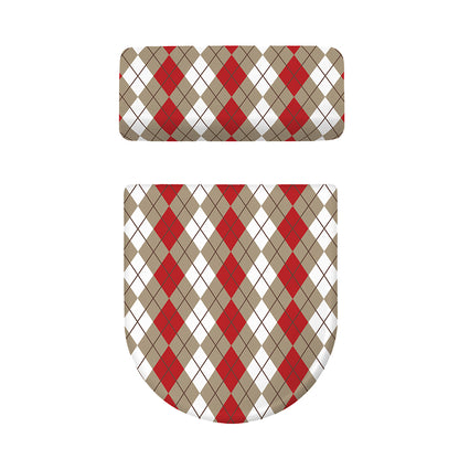 Red Beige And White Argyle Pattern Print Toilet Lid And Tank Cover Set