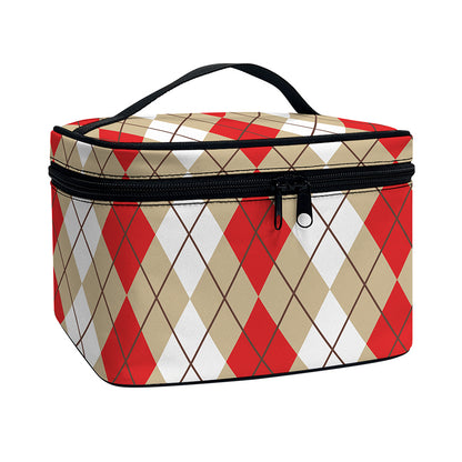 Red Beige And White Argyle Pattern Print Travel Makeup Bag