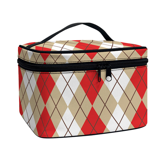 Red Beige And White Argyle Pattern Print Travel Makeup Bag