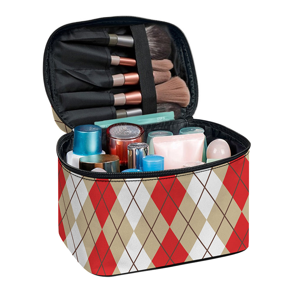 Red Beige And White Argyle Pattern Print Travel Makeup Bag