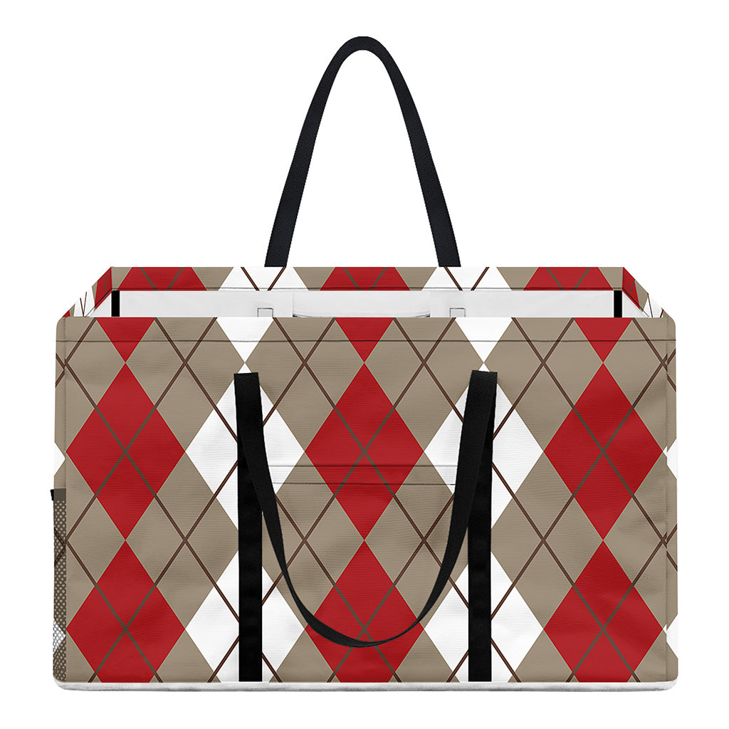 Red Beige And White Argyle Pattern Print Utility Tote Bag