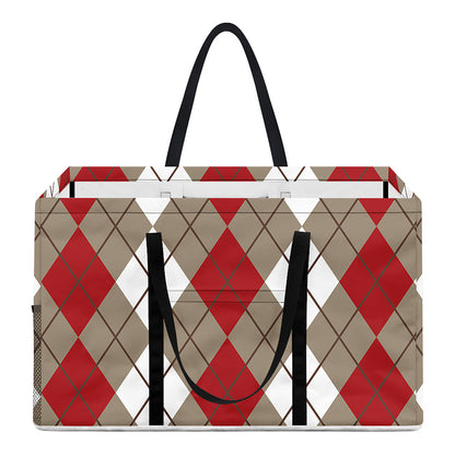 Red Beige And White Argyle Pattern Print Utility Tote Bag
