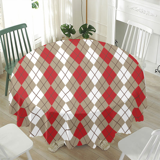 Red Beige And White Argyle Pattern Print Waterproof Round Tablecloth