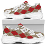 Red Beige And White Argyle Pattern Print White Chunky Shoes