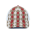 Red Beige And White Argyle Pattern Print White Mesh Trucker Hat