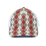 Red Beige And White Argyle Pattern Print White Mesh Trucker Cap