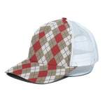 Red Beige And White Argyle Pattern Print White Mesh Trucker Cap