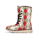 Red Beige And White Argyle Pattern Print Winter Boots