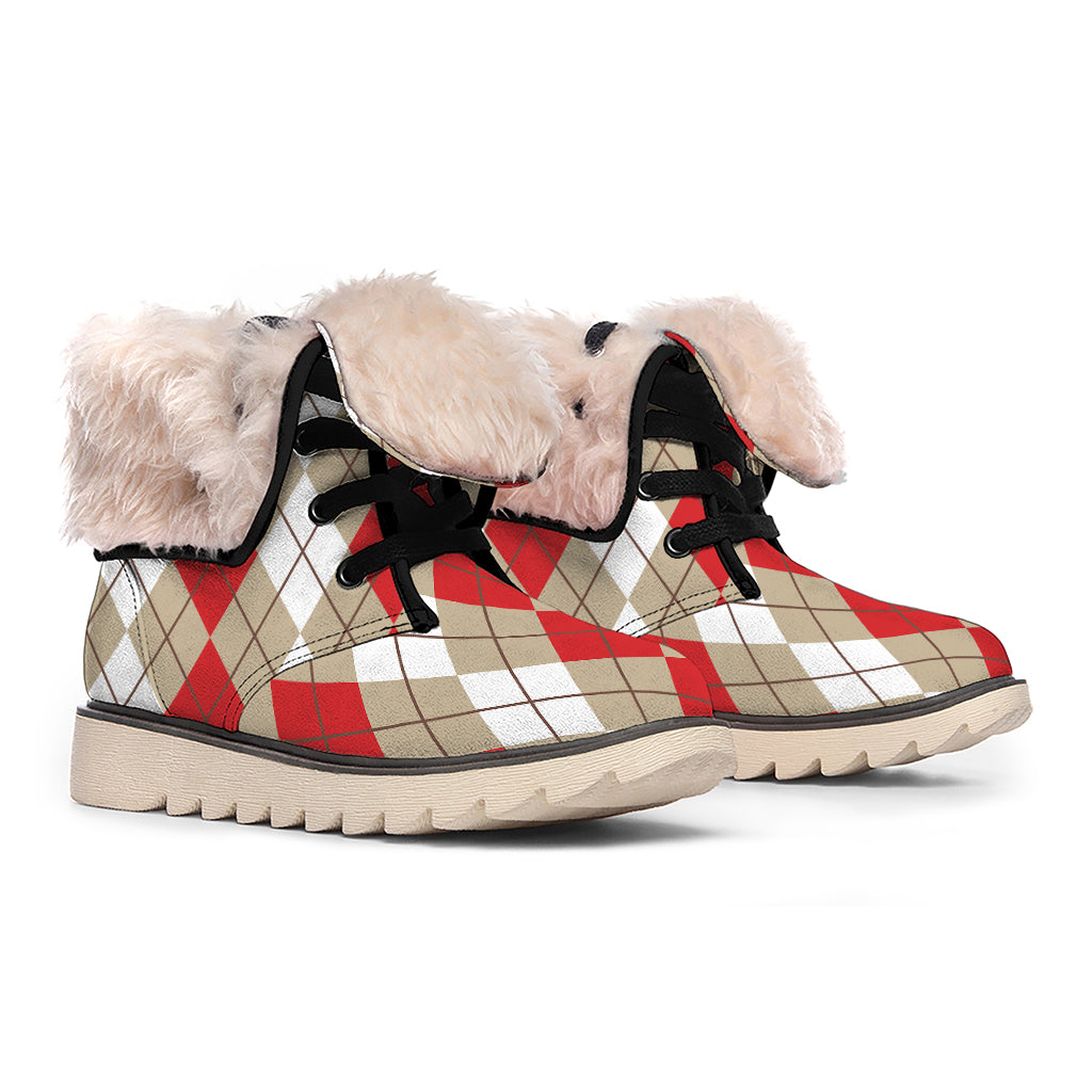 Red Beige And White Argyle Pattern Print Winter Boots