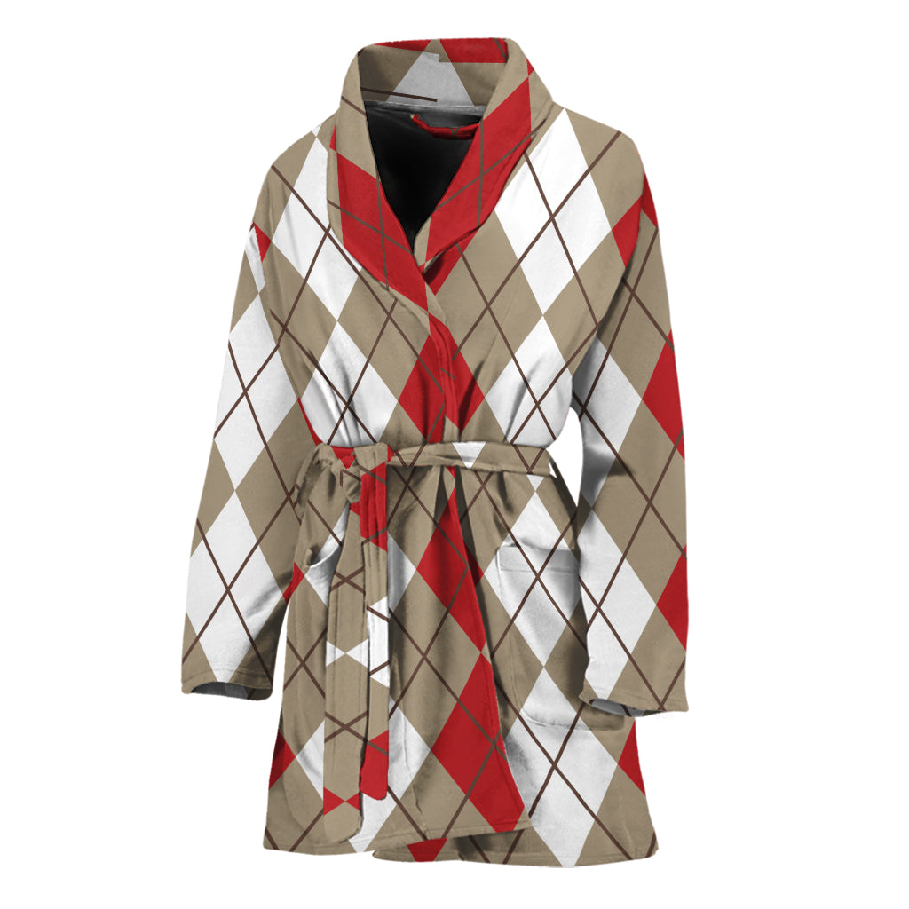 Red Beige And White Argyle Pattern Print Women's Bathrobe