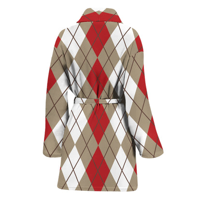 Red Beige And White Argyle Pattern Print Women's Bathrobe