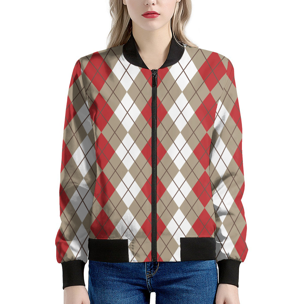 Red Beige And White Argyle Pattern Print Women's Bomber Jacket