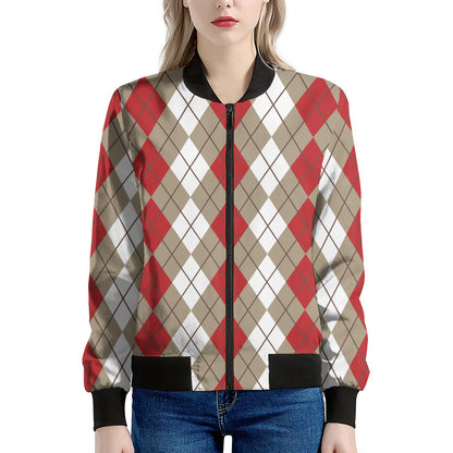 Red Beige And White Argyle Pattern Print Women's Bomber Jacket