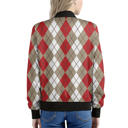Red Beige And White Argyle Pattern Print Women's Bomber Jacket