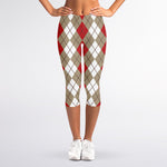 Red Beige And White Argyle Pattern Print Women's Capri Leggings