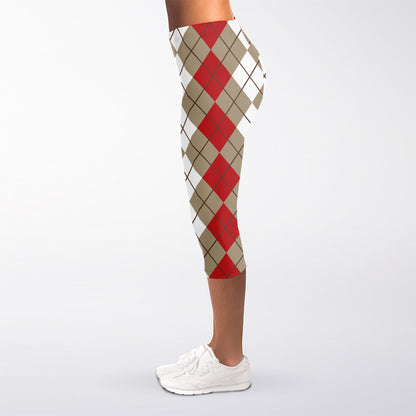 Red Beige And White Argyle Pattern Print Women's Capri Leggings