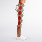 Red Beige And White Argyle Pattern Print Women's Capri Leggings