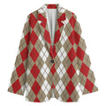 Red Beige And White Argyle Pattern Print Women's Cotton Blazer