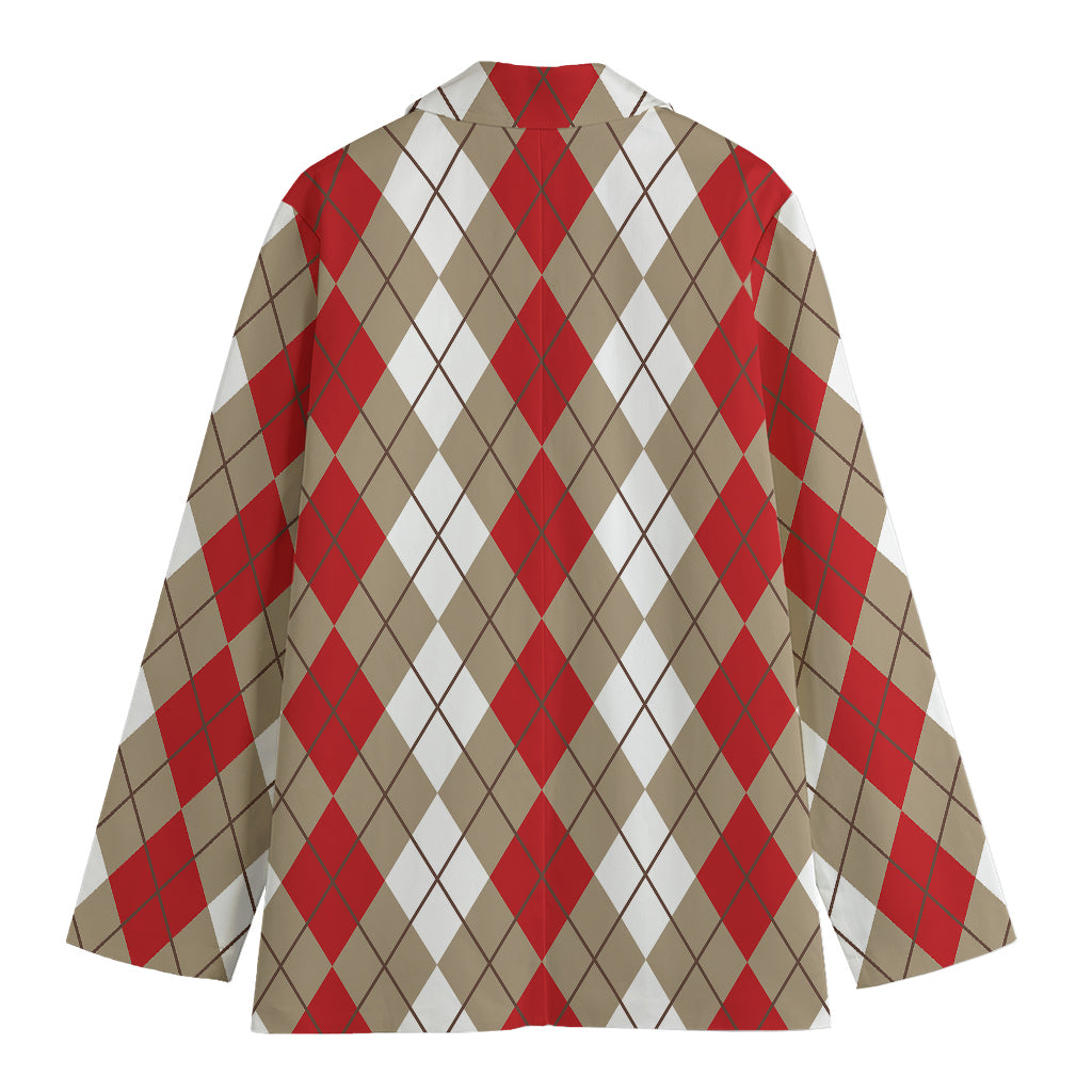 Red Beige And White Argyle Pattern Print Women's Cotton Blazer