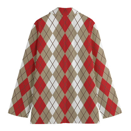 Red Beige And White Argyle Pattern Print Women's Cotton Blazer