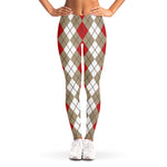 Red Beige And White Argyle Pattern Print Women's Leggings