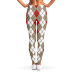 Red Beige And White Argyle Pattern Print Women's Leggings