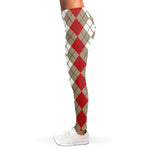 Red Beige And White Argyle Pattern Print Women's Leggings