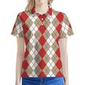 Red Beige And White Argyle Pattern Print Women's Polo Shirt