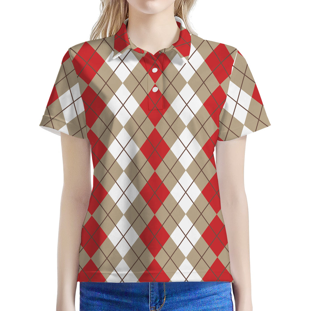 Red Beige And White Argyle Pattern Print Women's Polo Shirt