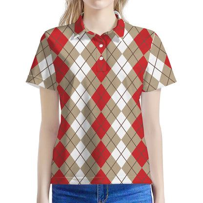 Red Beige And White Argyle Pattern Print Women's Polo Shirt