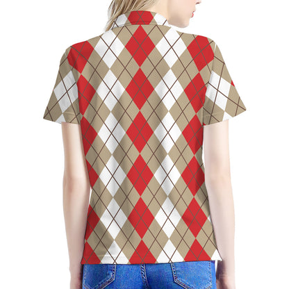 Red Beige And White Argyle Pattern Print Women's Polo Shirt