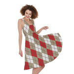 Red Beige And White Argyle Pattern Print Women's Sleeveless Dress