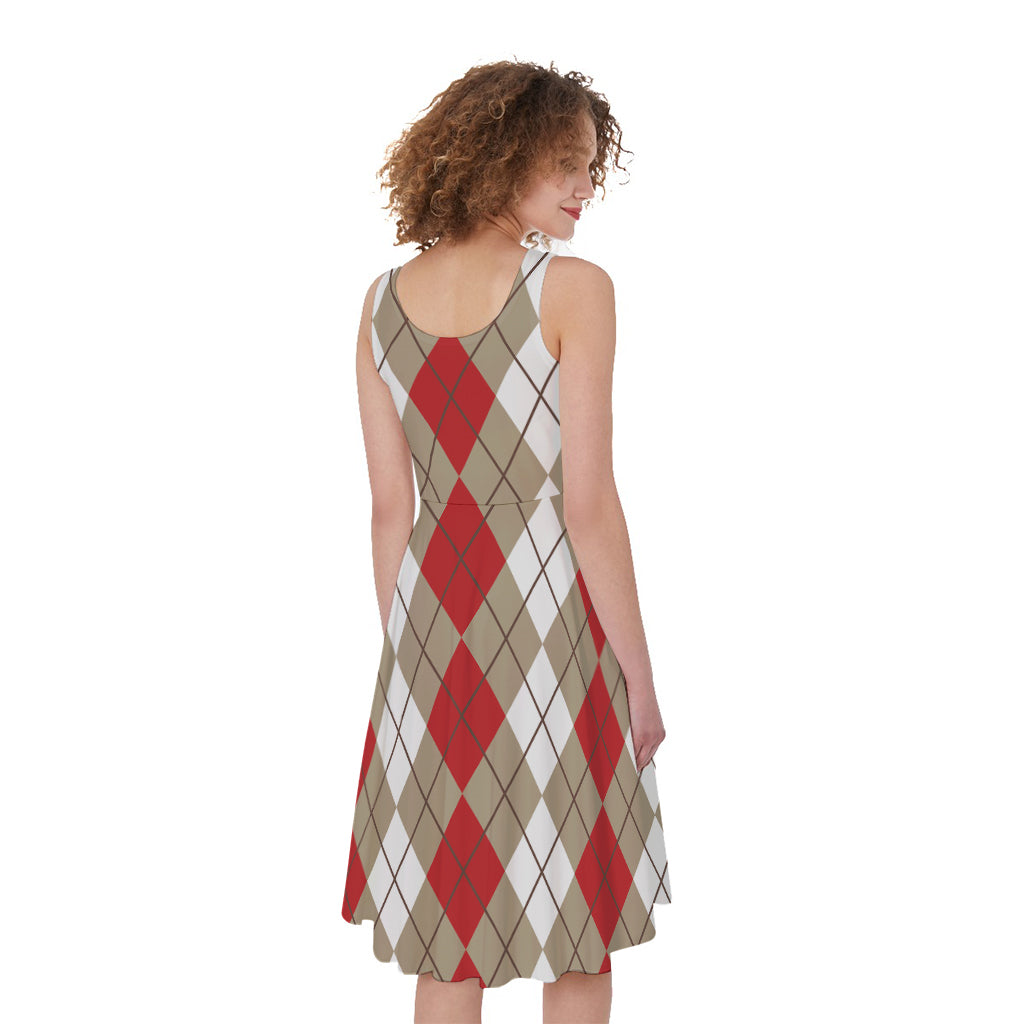 Red Beige And White Argyle Pattern Print Women's Sleeveless Dress