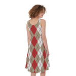 Red Beige And White Argyle Pattern Print Women's Sleeveless Dress