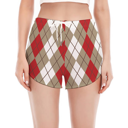 Red Beige And White Argyle Pattern Print Women's Split Running Shorts