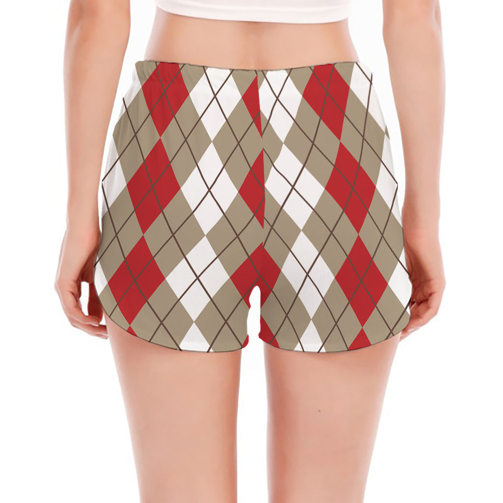 Red Beige And White Argyle Pattern Print Women's Split Running Shorts