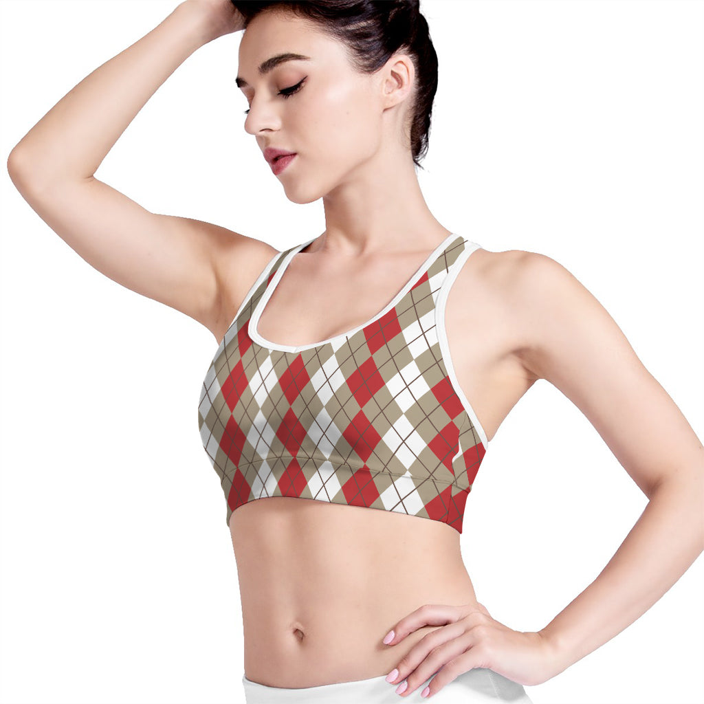 Red Beige And White Argyle Pattern Print Women's Sports Bra