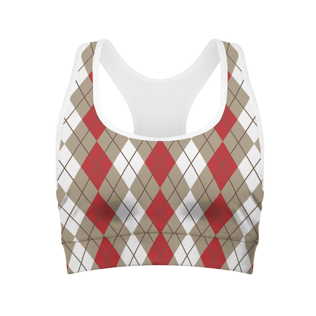 Red Beige And White Argyle Pattern Print Women's Sports Bra