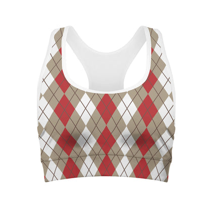 Red Beige And White Argyle Pattern Print Women's Sports Bra