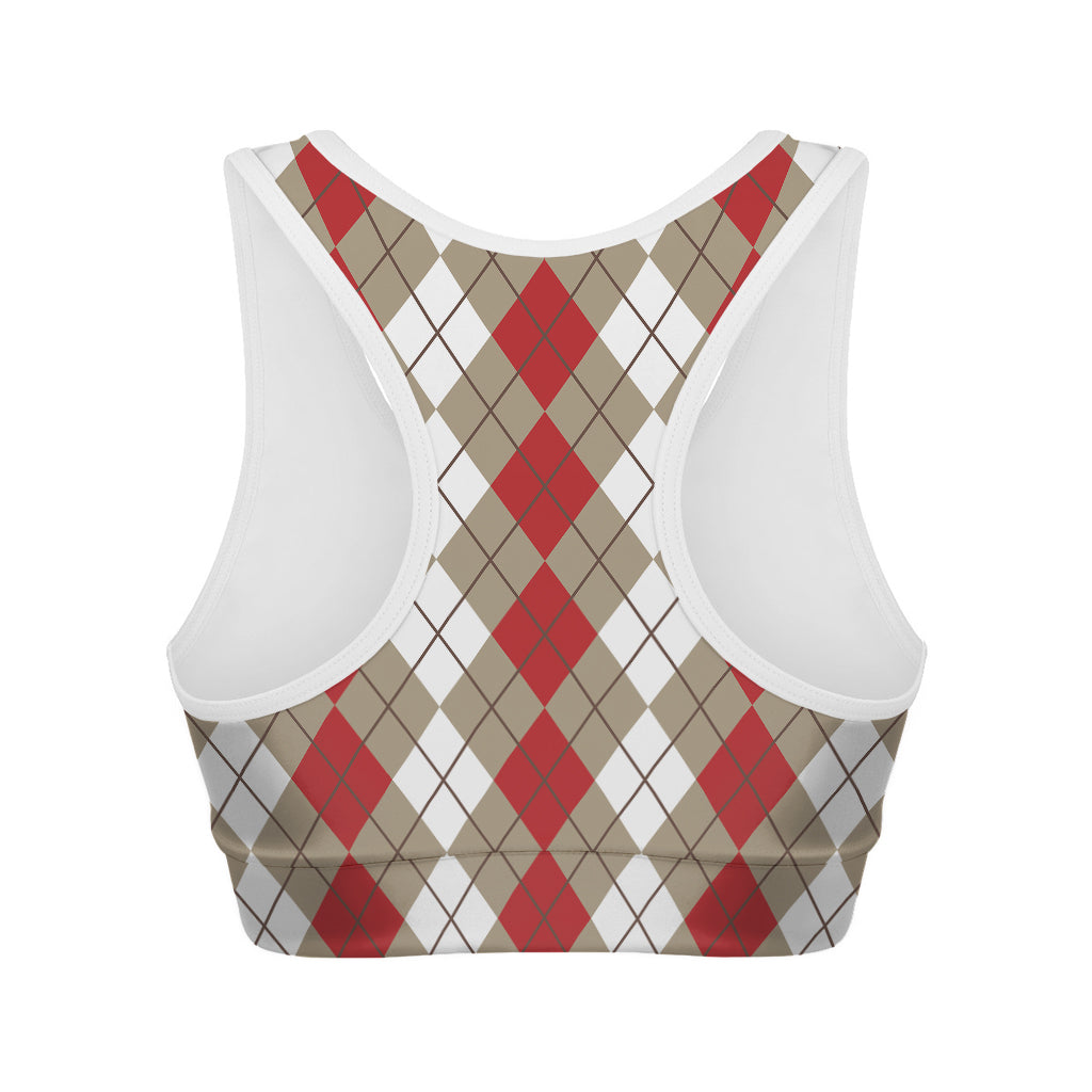 Red Beige And White Argyle Pattern Print Women's Sports Bra