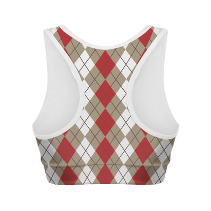 Red Beige And White Argyle Pattern Print Women's Sports Bra